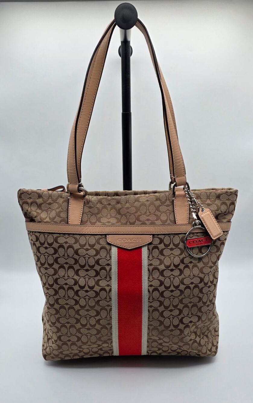 COACH SIGNATURE STRIPE JACQUARD TOTE BAG PURSE KHAKI HOT ORANGE
